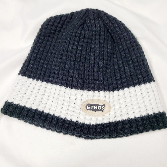 KB Ethos Men's Winter Hat Waffle Fleece Beanie Black/White Stripe - Picture 2 of 8